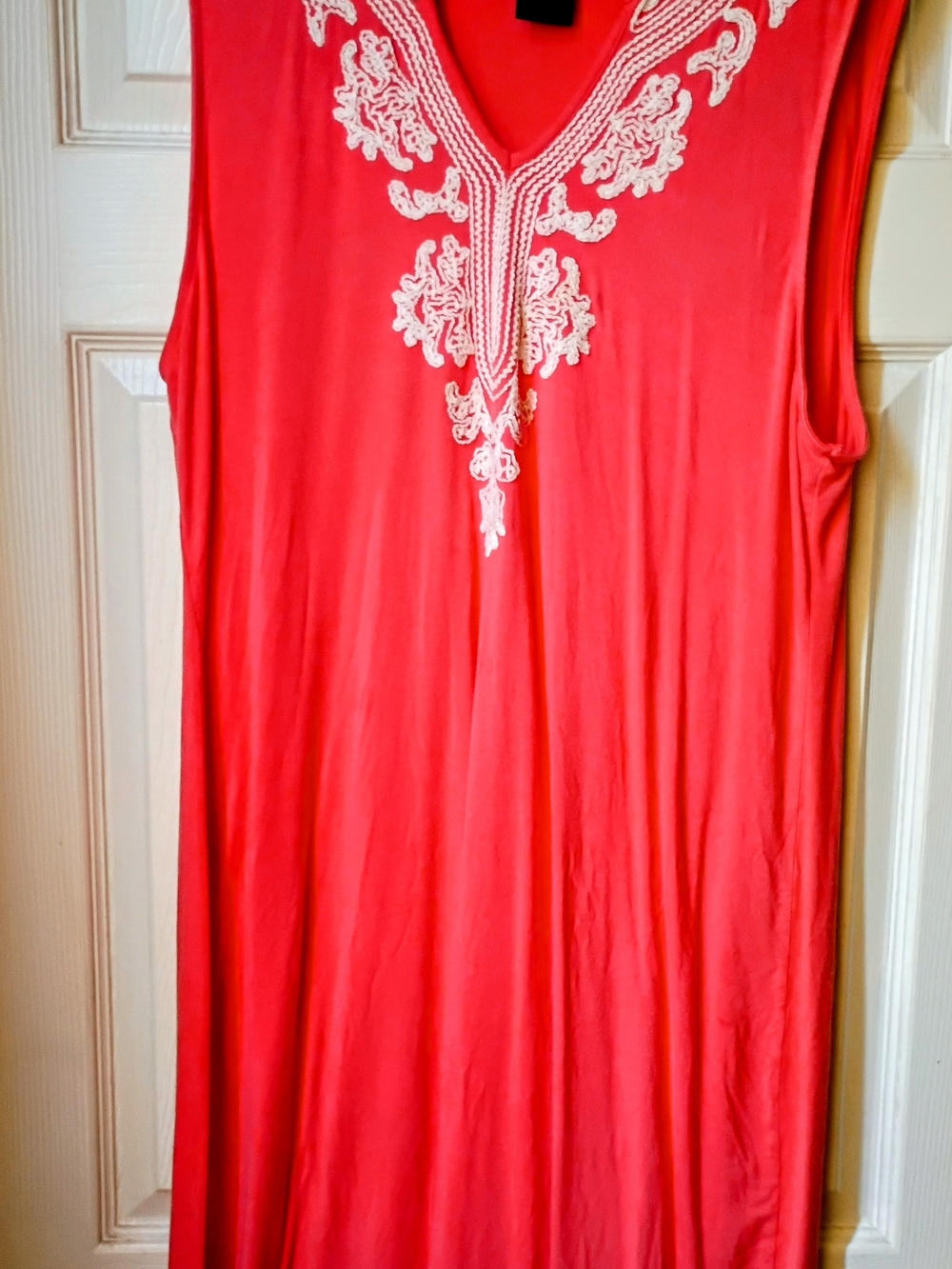 *Grace Elements* Coral Sleeveless Dress with White Embroidered V-Neck